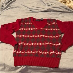 Women's Red and Brown Argyle V-Neck Sweater